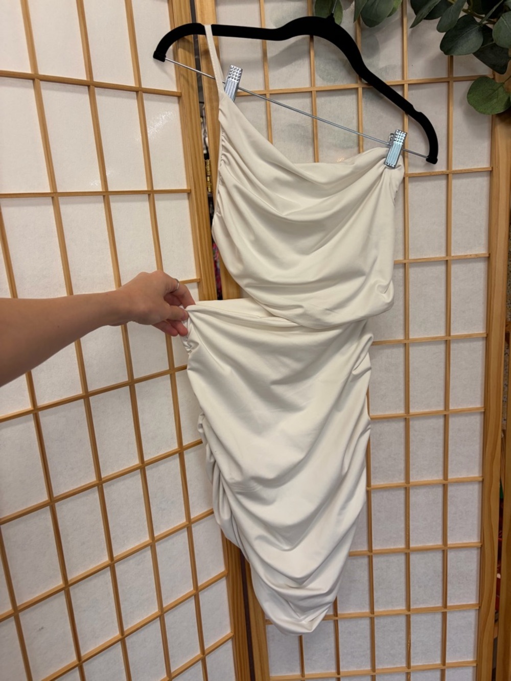 SHEIN Cream One-Shoulder Ruched Dress